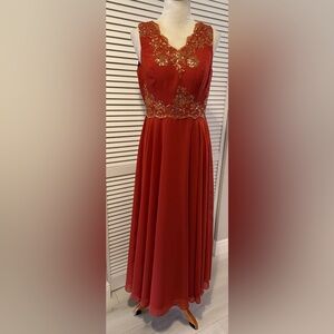 Embroidered Rust Chiffon Formal Gown | Beaded Bodice | Size 10 (Fits 8–10) | NWT